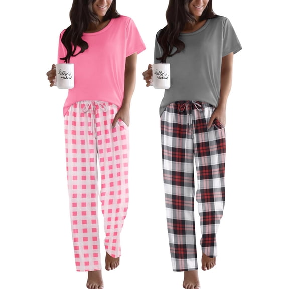 Ekouaer 2 Pack Pajamas for Women Set Short Sleeve Sleepwear Top and Pants Pjs Soft Printed Lounge Sets with Pockets