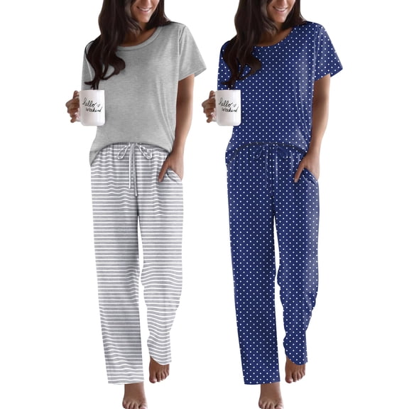 Ekouaer 2 Pack Pajamas for Women Set Short Sleeve Sleepwear Top and Pants Pjs Soft Printed Lounge Sets with Pockets