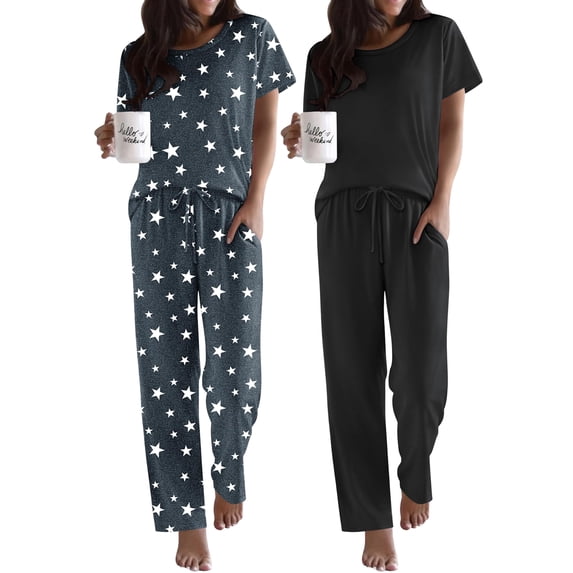 Ekouaer 2 Pack Pajamas for Women Set Short Sleeve Sleepwear Top and Pants Pjs Soft Printed Lounge Sets with Pockets