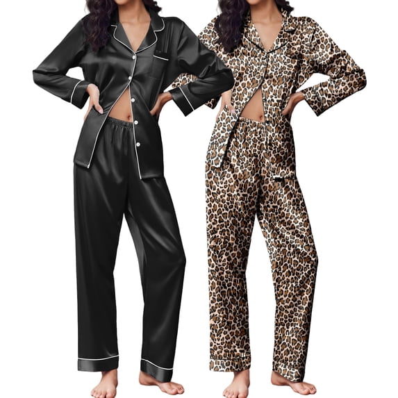 Ekouaer 2 Pack Satin Pajamas Set for Women Classic Button Down Silk Pjs Set Soft Sleepwear