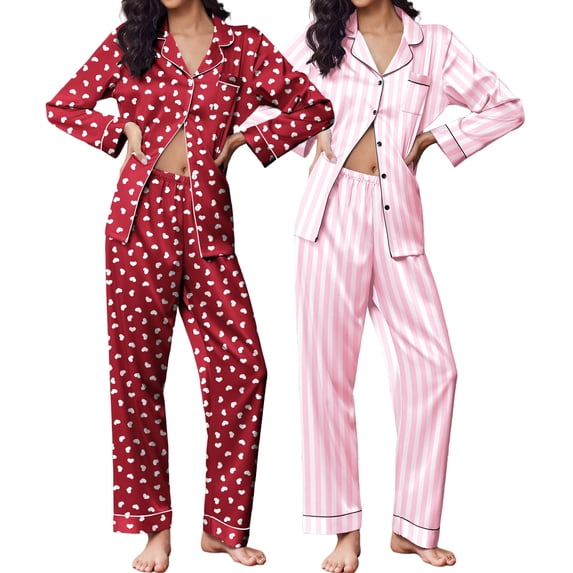 Ekouaer 2 Pack Satin Pajamas Set for Women Classic Button Down Silk Pjs Set Soft Sleepwear