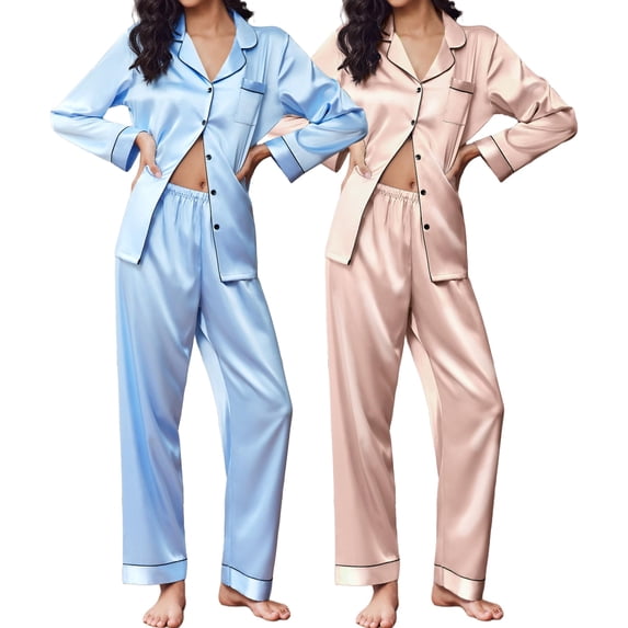 Ekouaer 2 Pack Satin Pajamas Set for Women Classic Button Down Silk Pjs Set Soft Sleepwear