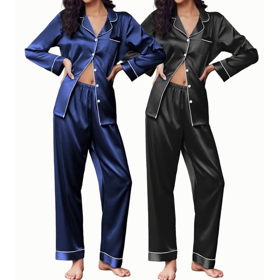 Ekouaer 2 Pack Satin Pajamas Set for Women Classic Button Down Silk Pjs Set Soft Sleepwear