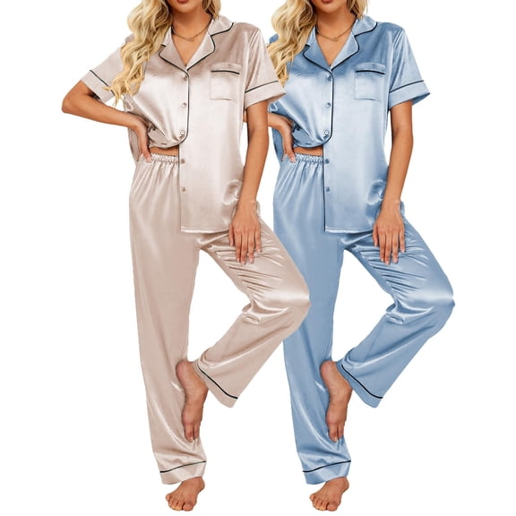 Ekouaer 2 Pack Silk Pajamas for Women Short Sleeve Button Down Satin Pajama Set for Women Soft Pjs Loungewear