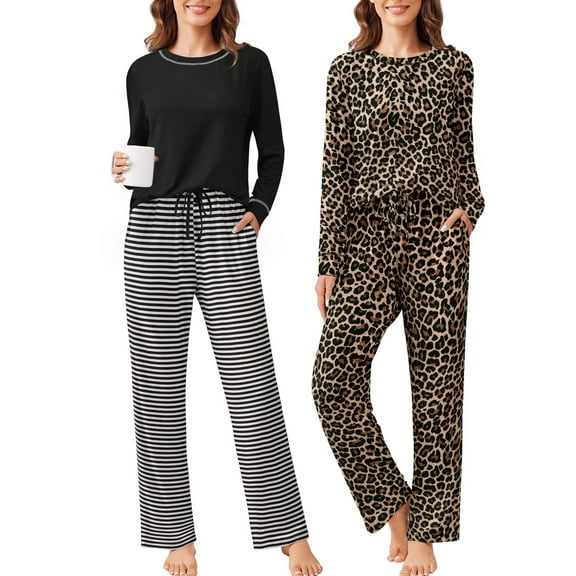Ekouaer 2 Pack Women Pajama Long Sleeve Sleepwear Soft Loungewear Pjs Sets with Pockets