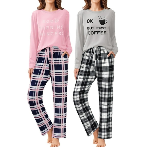 Ekouaer 2 Pack Women Pajama Long Sleeve Sleepwear Soft Loungewear Pjs Sets with Pockets