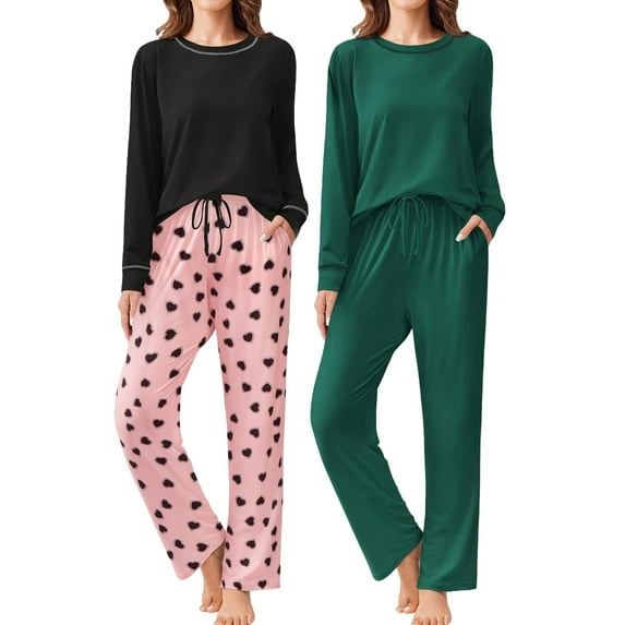 Ekouaer 2 Pack Women Pajama Long Sleeve Sleepwear Soft Loungewear Pjs Sets with Pockets