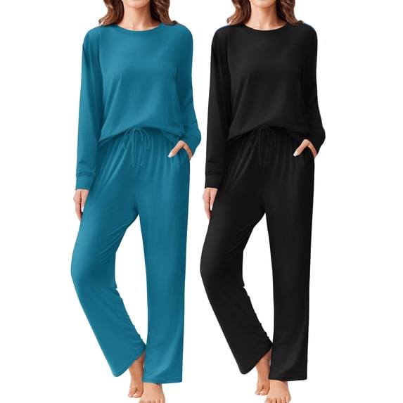 Ekouaer 2 Pack Women Pajama Long Sleeve Sleepwear Soft Loungewear Pjs Sets with Pockets -