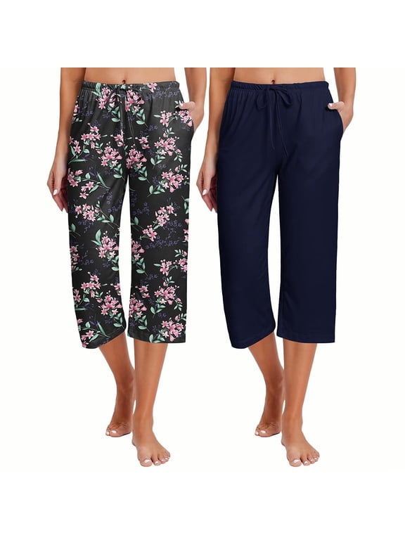 2 Pack Women's Capri Pajama Pants Printed Drawstring Comfy Pj Bottoms With Pockets