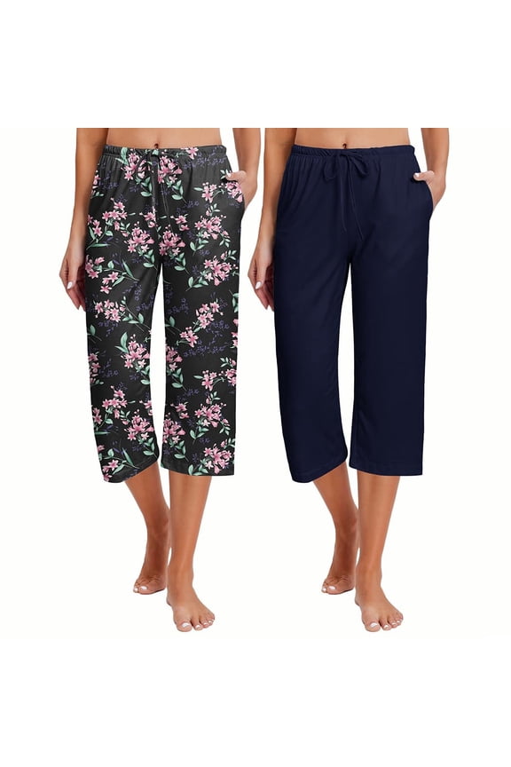 2 Pack Women's Capri Pajama Pants Printed Drawstring Comfy Pj Bottoms With Pockets