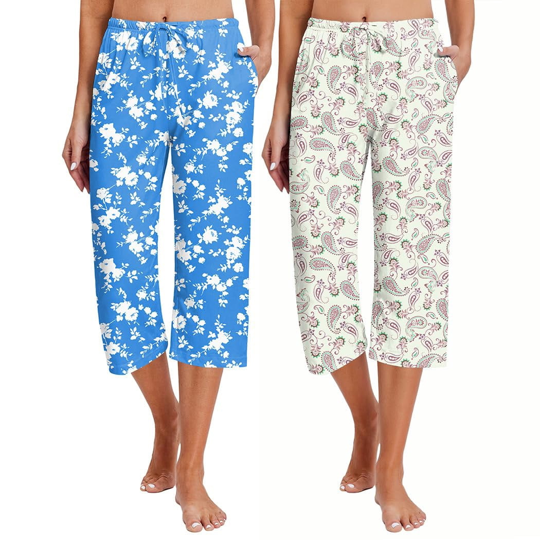 Ekouaer 2 Pack Women's Capri Pajama Pants Printed Drawstring Comfy Pj ...