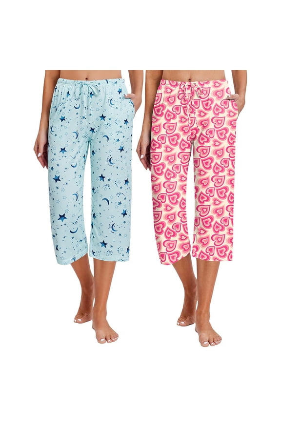 2 Pack Women's Capri Pajama Pants Printed Drawstring Comfy Pj Bottoms With Pockets