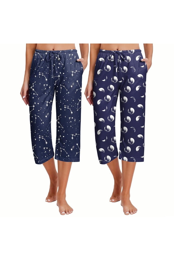 2 Pack Women's Capri Pajama Pants Printed Drawstring Comfy Pj Bottoms With Pockets