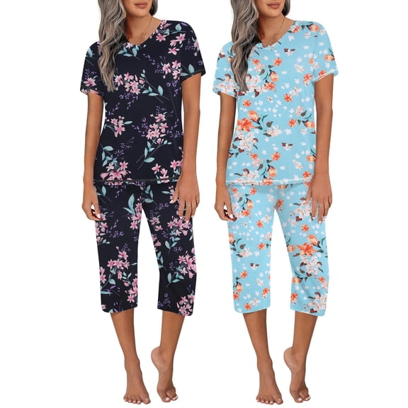 Ekouaer 2 Pack Women's Capri Pajama Sets Short Sleeve Two-Piece Pjs V Neck Tops & Pants Printed Lounge Sets