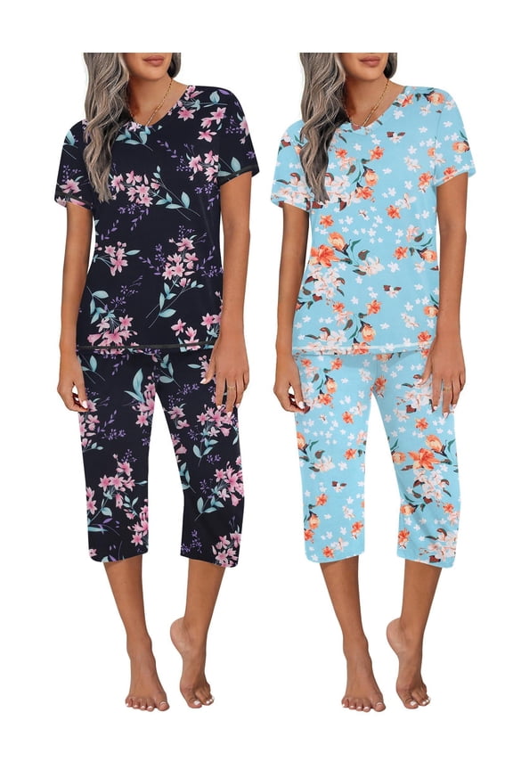 2 Pack Women's Capri Pajama Sets Short Sleeve Two-Piece Pjs V Neck Tops & Pants Printed Lounge Sets