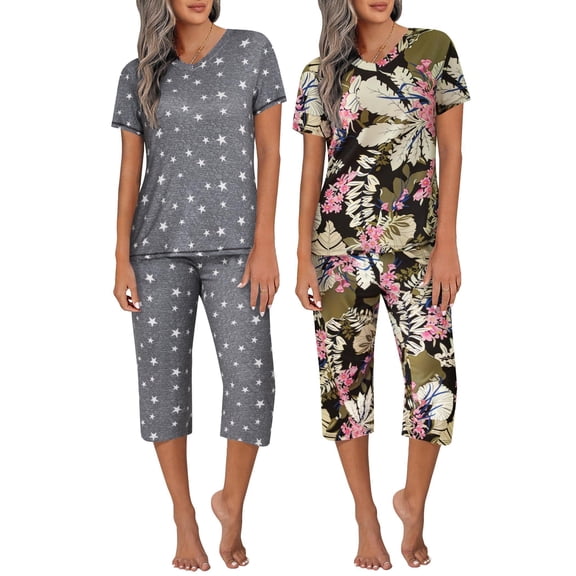 Ekouaer 2 Pack Women's Capri Pajama Sets Short Sleeve Two-Piece Pjs V Neck Tops & Pants Printed Lounge Sets