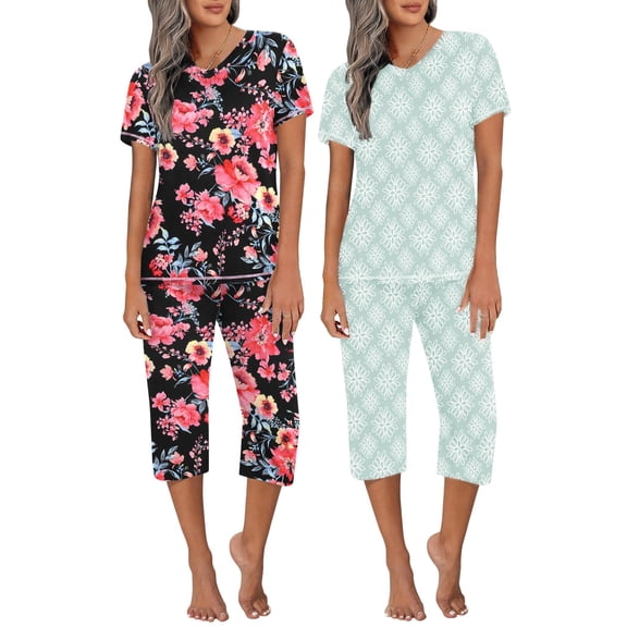 Ekouaer 2 Pack Women's Capri Pajama Sets Short Sleeve Two-Piece Pjs V Neck Tops & Pants Printed Lounge Sets
