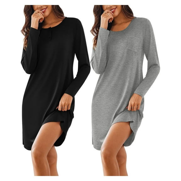 Ekouaer 2 Pack Women's Long Sleeve Nightgowns Sleep Shirts Button Down Night Shirts House Dresses Ladies Night Dress
