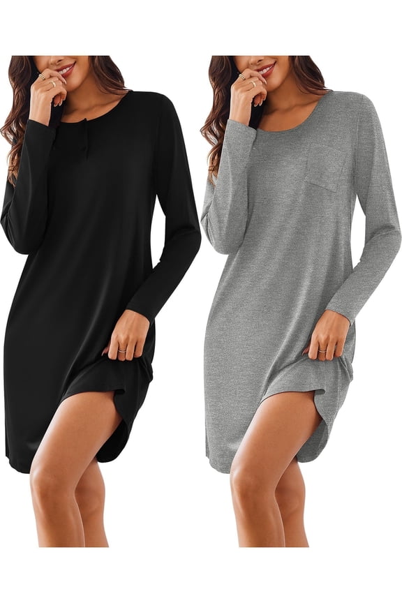 Women's Sleepshirts Long Sleeve Nightshirt Round Neck Sleepwear Pajama Dress 2 Pack Button Down Nightgown