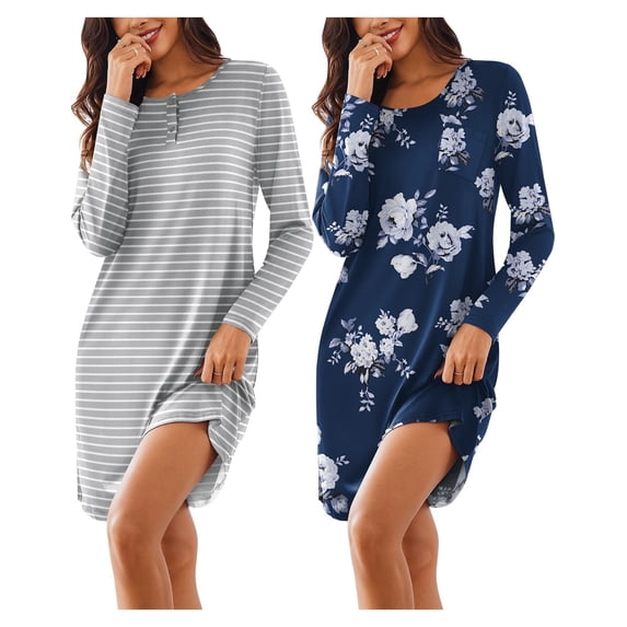 Ekouaer Soft Night Shirt Long Sleeve Sleepshirt Sleepwear Floral Print Pajama Dress 2 Pack Nightgowns for Women