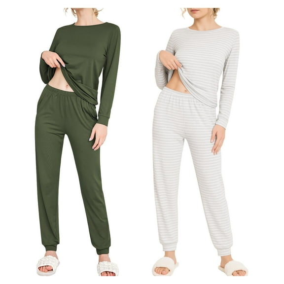Ekouaer Womens Two Pack Sleep Set Long Sleeve Shirt and Jogger Bottoms Lounge Wear Nightwear with Pockets