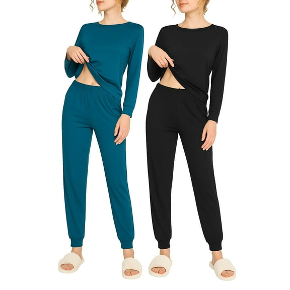 Ekouaer Womens Two Pack Sleep Set Long Sleeve Shirt and Jogger Bottoms Lounge Wear Nightwear with Pockets