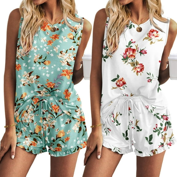 Ekouaer 2 Pack Womens Pajama Set Print Sleepwear Tank Tops and Ruffled Shorts with Pockets Soft Loungewear Sets Outfits