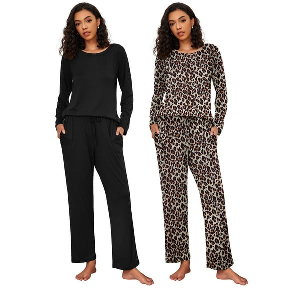 Ekouaer 2 Pack Women's Pajama Set Long Sleeve Top with Jogger Pants Lounge Sets Sleepwear Loungewear with Pockets