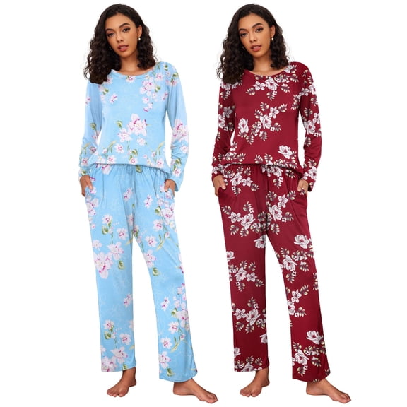 Ekouaer 2 Pack Women's Pajama Set Long Sleeve Top with Jogger Pants Lounge Sets Sleepwear Loungewear with Pockets