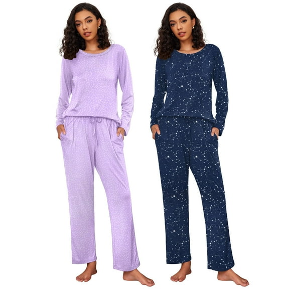 Ekouaer 2 Pack Women's Pajama Set Long Sleeve Top with Jogger Pants Lounge Sets Sleepwear Loungewear with Pockets