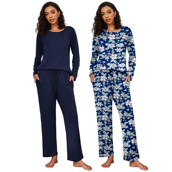Ekouaer 2 Pack Women's Pajama Set Long Sleeve Top with Jogger Pants Lounge Sets Sleepwear Loungewear with Pockets