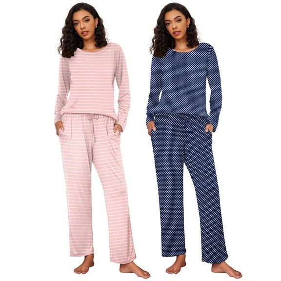 Ekouaer 2 Pack Women's Pajama Set Long Sleeve Top with Jogger Pants Lounge Sets Sleepwear Loungewear with Pockets