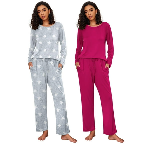 Ekouaer 2 Pack Women's Pajama Set Long Sleeve Top with Jogger Pants Lounge Sets Sleepwear Loungewear with Pockets