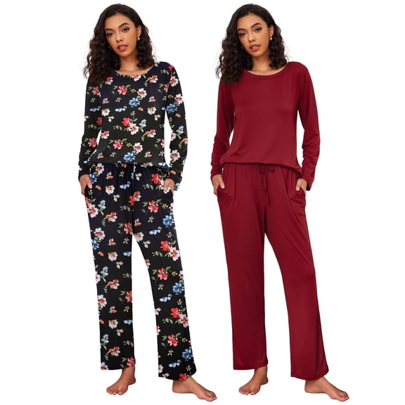 Ekouaer 2 Pack Women's Pajama Set Long Sleeve Top with Jogger Pants Lounge Sets Sleepwear Loungewear with Pockets