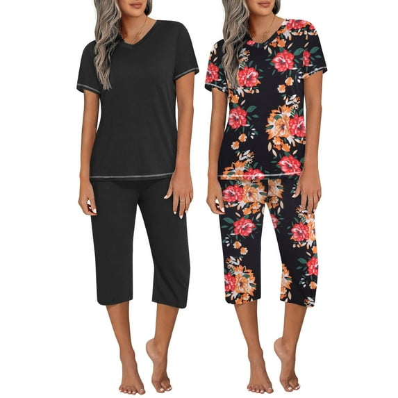 Ekouaer 2 Pack Women's Capri Pajama Sets Short Sleeve Two-Piece Pjs V Neck Tops & Pants Printed Lounge Sets