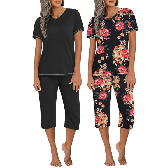 Ekouaer 2 Pack Women's Capri Pajama Sets Short Sleeve Two-Piece Pjs V Neck Tops & Pants Printed Lounge Sets