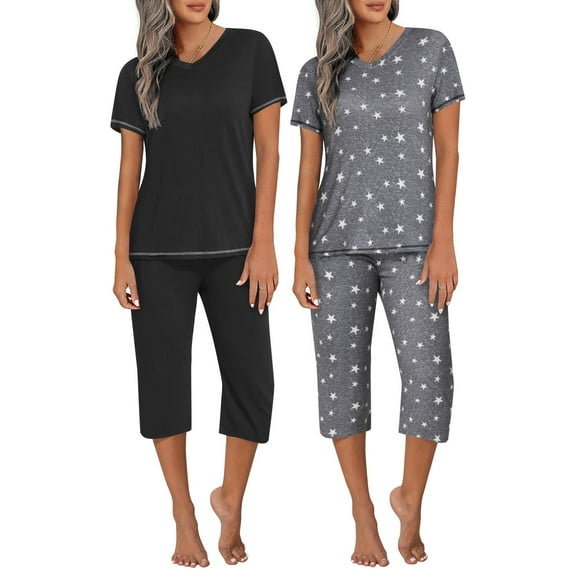 Ekouaer 2 Pack Women's Capri Pajama Sets Short Sleeve Two-Piece Pjs V Neck Tops & Pants Printed Lounge Sets