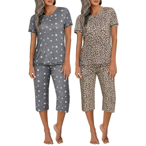 Ekouaer 2 Pack Women's Capri Pajama Sets Short Sleeve Two-Piece Pjs V Neck Tops & Pants Printed Lounge Sets