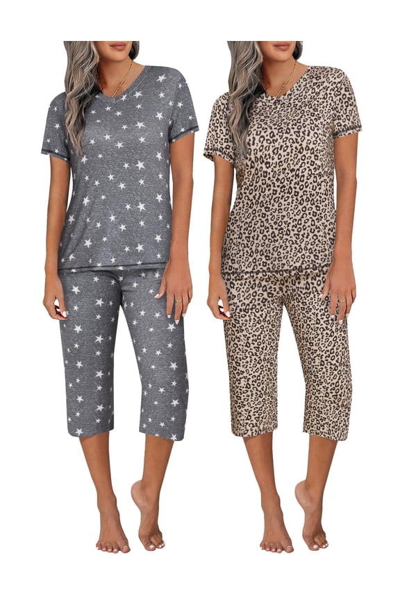 2 Pack Women's Capri Pajama Sets Short Sleeve Two-Piece Pjs V Neck Tops & Pants Printed Lounge Sets