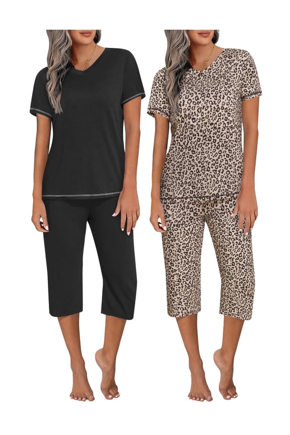 2 Pack Women's Capri Pajama Sets Short Sleeve Two-Piece Pjs V Neck Tops & Pants Printed Lounge Sets