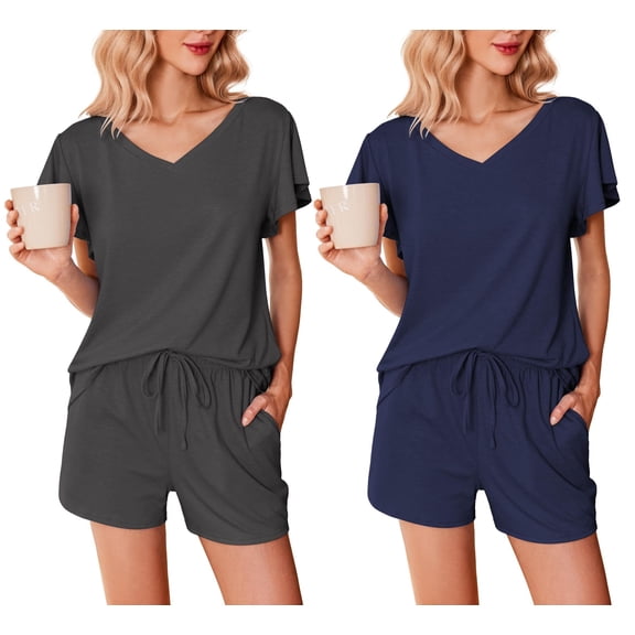 Ekouaer 2 Pack Women's Pajamas Set Soft Ruffle Sleeve Pjs Set Casual V Neck Lounge Set with Pockets