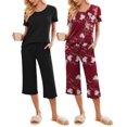 thumbnail image 1 of Ekouaer 2 Pack Women's Set Short Sleeve Pj Top Capri Pants - Pajamas Sets Lounge & Sleepwear Set Black Flower/Green Leaf, 1 of 5