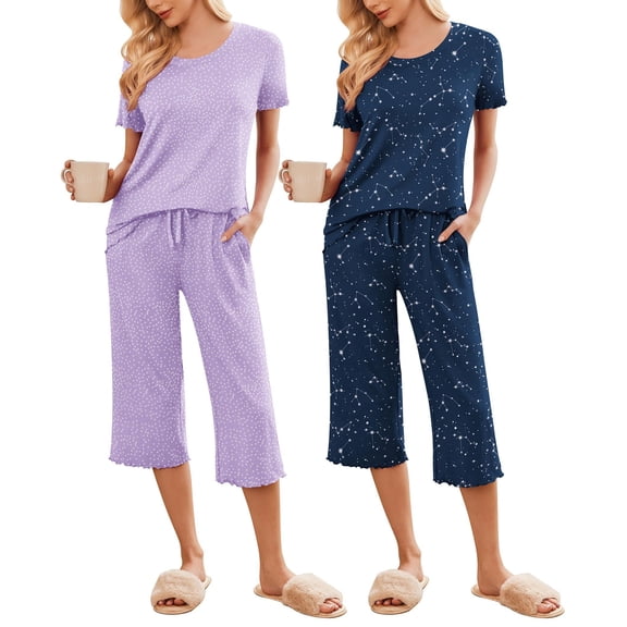 Ekouaer 2 Pack Women's Set Short Sleeve Pj Top Capri Pants - Pajamas Sets Lounge & Sleepwear Set Black Flower/Green Leaf