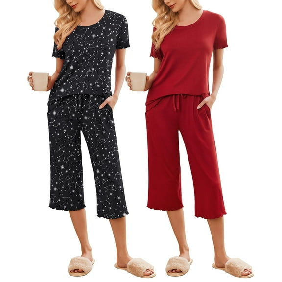 Ekouaer 2 Pack Women's Set Short Sleeve Pj Top Capri Pants - Pajamas Sets Lounge & Sleepwear Set Black Flower/Green Leaf