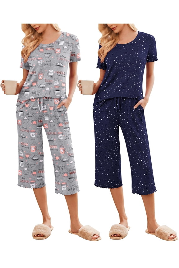 2 Pack: Women's Set Short Sleeve Pj Top Capri Pants - Pajamas Sets Lounge & Sleepwear Set Navy Star/Coffee