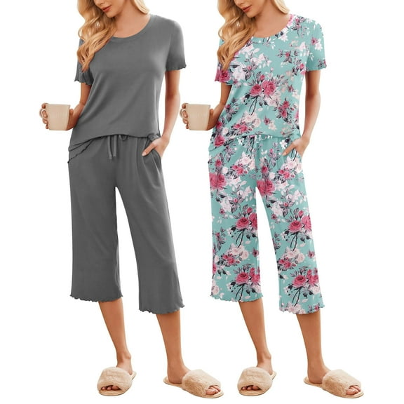 Ekouaer 2 Pack: Women's Set Short Sleeve Pj Top Capri Pants - Pajamas Sets Lounge & Sleepwear Set Rose Print/Grey