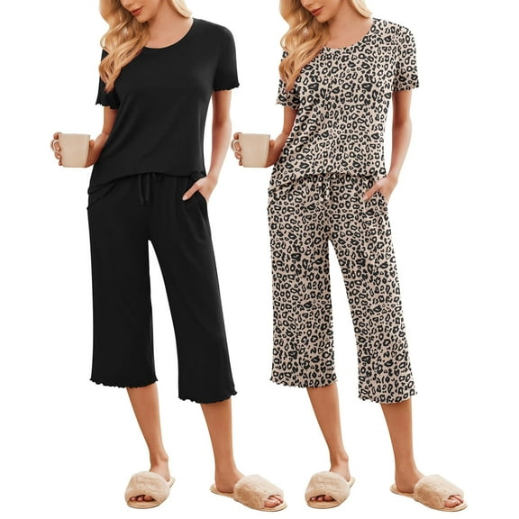 Ekouaer 2 Pack: Women's Set Short Sleeve Pj Top Capri Pants - Pajamas Sets Lounge & Sleepwear Set Black/Leopard