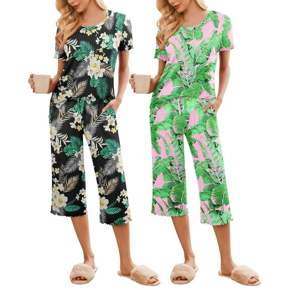 Ekouaer 2 Pack: Women's Set Short Sleeve Pj Top Capri Pants - Pajamas Sets Lounge & Sleepwear Set Black Flower/Green Leaf