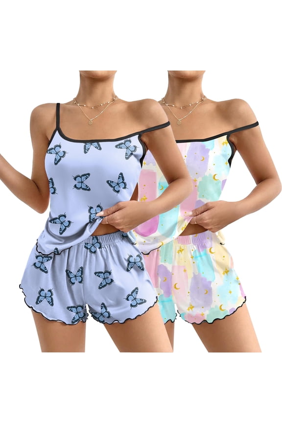 2 Pack Womens Cami Pajama Sets Cute Print Tank Top Pjs and Shorts Camisole Lounge Set