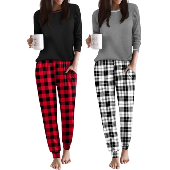 Ekouaer 2 Pack Womens Pajama Set Soft Pjs Long Sleeve Top With Jogger Pants Lounge Sets Sleepwear Loungewear with Pockets